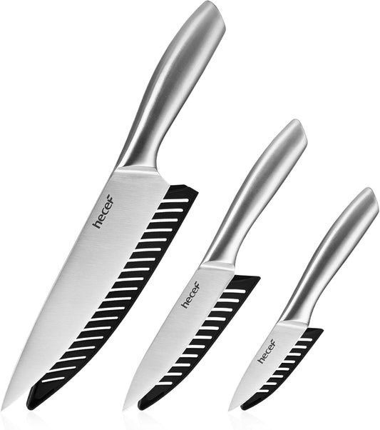 hecef Silver Kitchen knife set of 5, Satin Finish Blade with Hollow Handle, includes 8" Chef, 8" Bread, 8" Santoku, 5" Utility and 3.5" paring knife