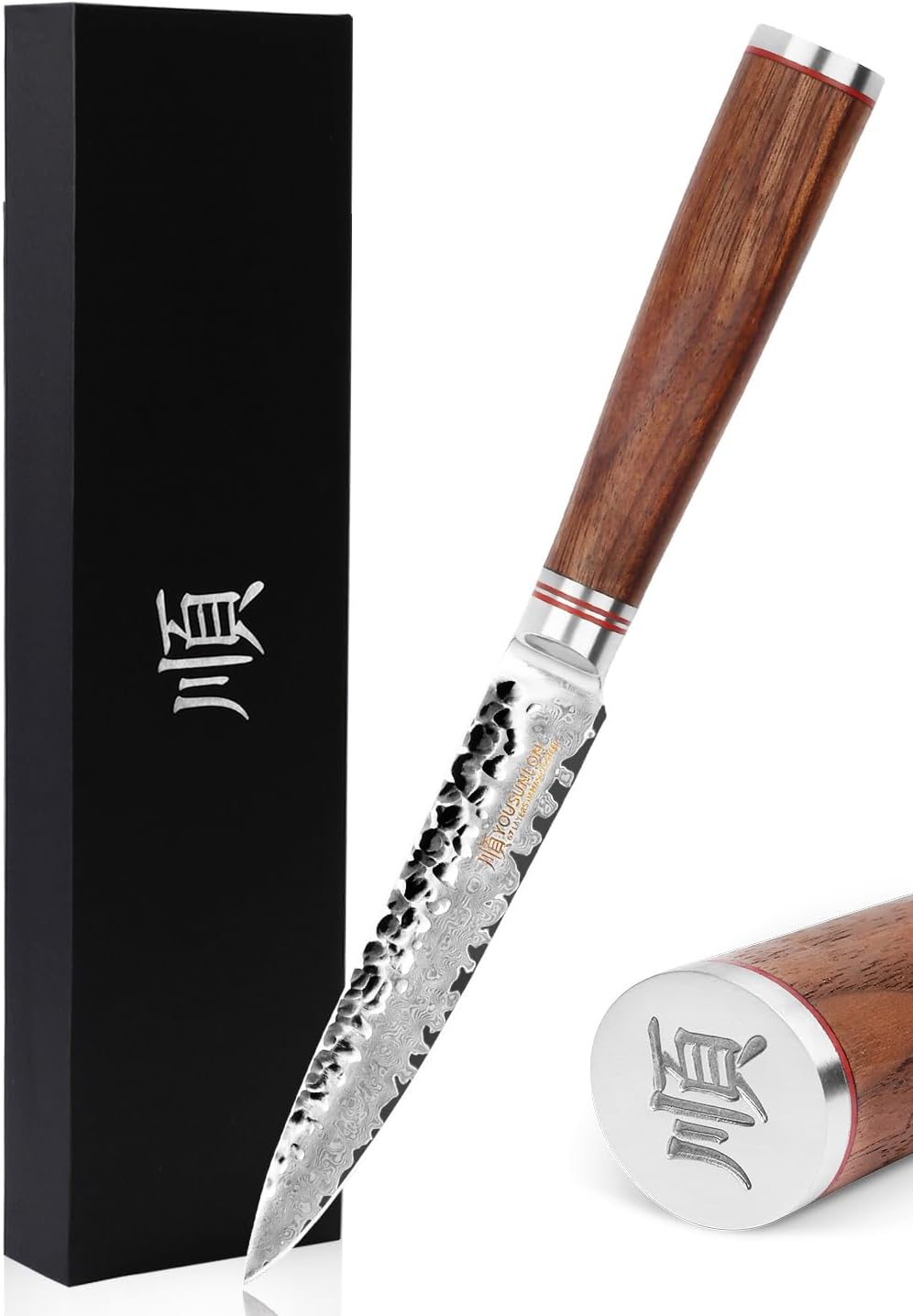 YOUSUNLONG Utility Knife Kitchen 5 Inch Petty Knife - Japanese Hammered Damascus Steel - Razor Sharp Blade - Natural Walnut Wooden Handle