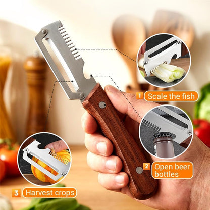 2PCS 2026 New Multi-functional Vegetable Peeler, All-in-one Stainless Steel Peeler with Bottle Opener, Thickened Fruit Peeler Knife for Shredding Scallions and Peeling Fruits (Red+Brown)