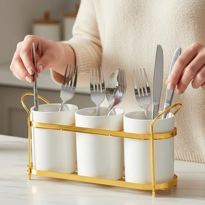 3-Piece White Ceramic Silverware Cutlery Holder with Black Metal Rack, Utensil Holder Flatware Caddy Cutlery Storage Organizer for Kitchen and Countertop (White)