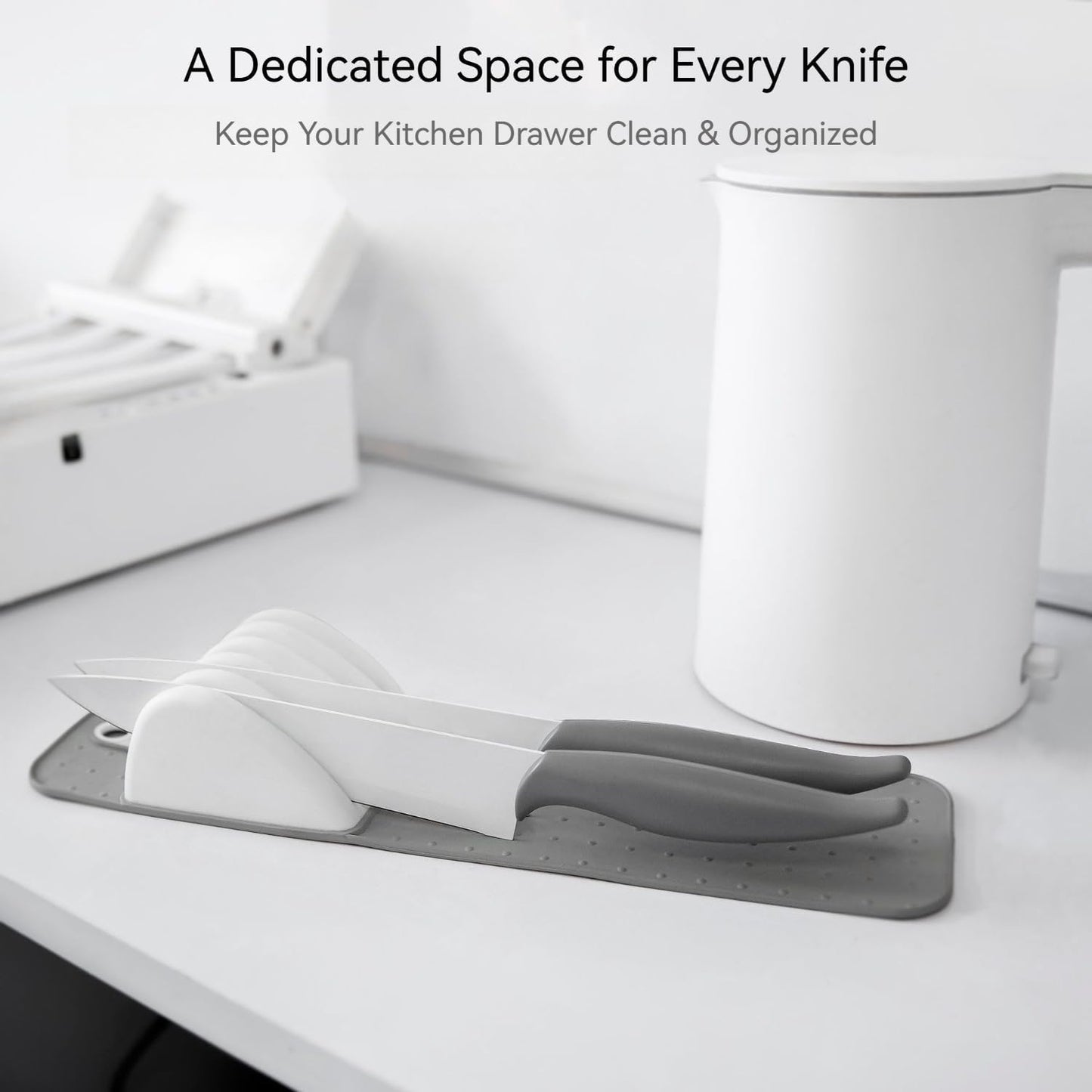 5 Slot Knife Drawer Organizer Tray – Slim In-Drawer Knife Holder Insert with Non-Slip Mat, Compact Kitchen Knife Storage (Gray & White)