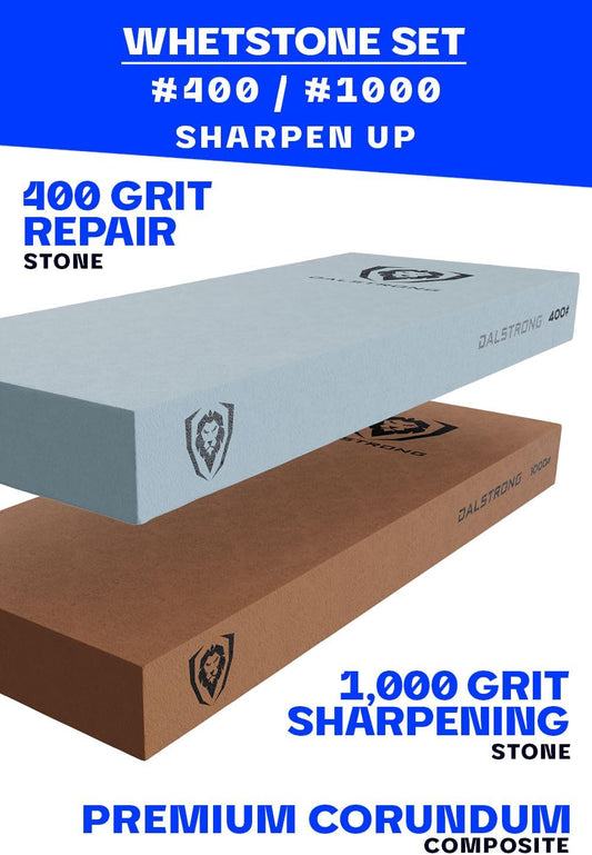 Dalstrong Whetstone Set #1000/#6000 — XL Corundum Sharpening Stones — For Restoring Dull Knives, Maintaining Any Kitchen Blade, Beginner to Pro — Non-Slip Base, Angle Guide, Customer Support