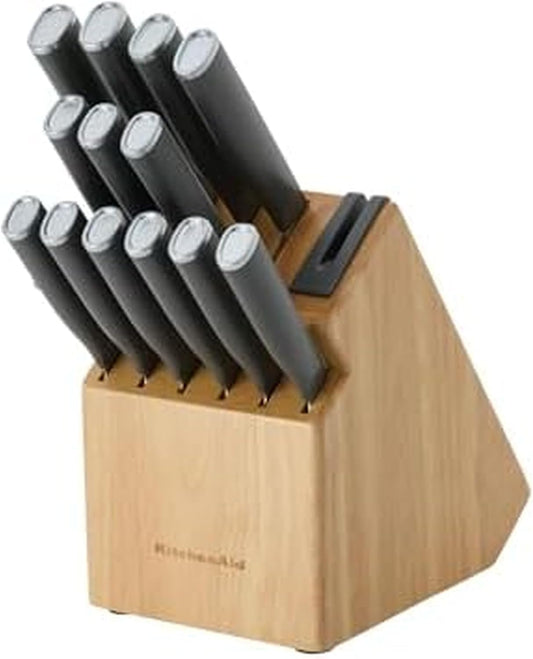 KitchenAid Classic Natural Knife Block Set with Built-In Sharpener, High-Carbon Japanese Stainless Steel Knives, Charcoal Gray, 14-Piece