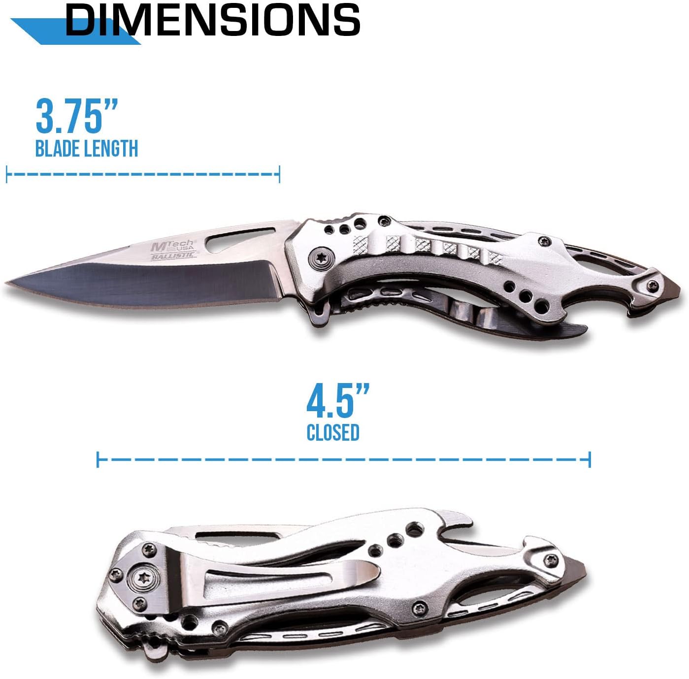 MTECH USA Folding Knife, 3.75-Inch Half-Serrated Blade, Titanium Coating, Glass Breaker, Pocket Clip