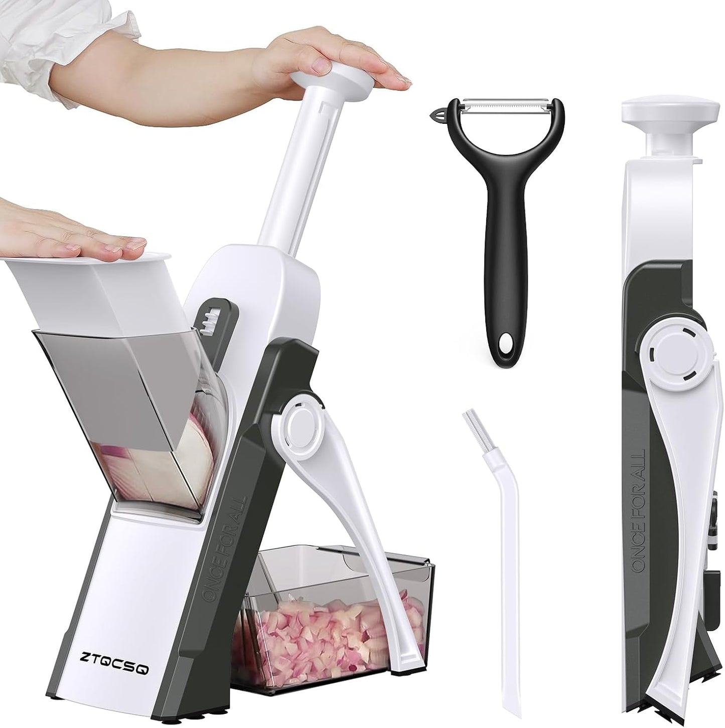 5 in 1 Safe Mandoline Slicer for Kitchen, Safe Vegetable Chopper, Paring Knife, Adjustable Thickness, Easy to Clean, Vegetable Slicer, Slicing, Strips, Shredding, Dicing, Chop (Black Knight)