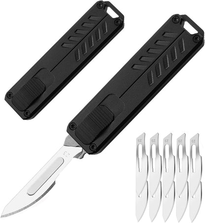 Automatic Utility Knife, Safety Auto Box Cutter Retractable, EDC Push Button Exacto Scalpel Knife, 10PCS #23 Razor Blades Pocket Knives with Clip