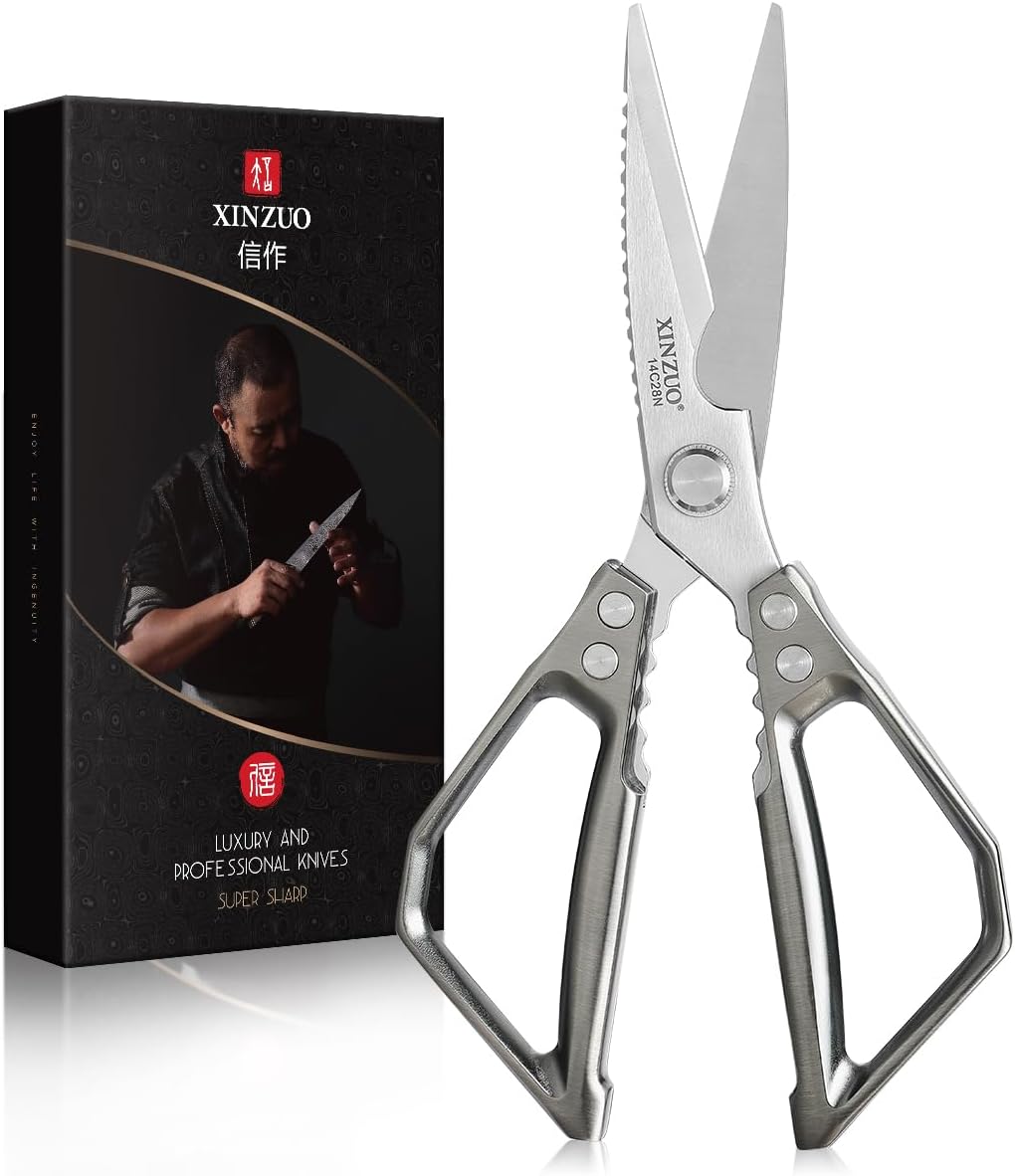 XINZUO Sandvik 14C28N Stainless Steel Multi-Purpose Kitchen Shear,Heavy Duty Kitchen Food Scissors For (Meat/Herbs/Poultry),With Silver Aluminum Alloy Handle