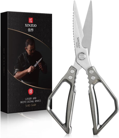XINZUO Sandvik 14C28N Stainless Steel Multi-Purpose Kitchen Shear,Heavy Duty Kitchen Food Scissors For (Meat/Herbs/Poultry),With Silver Aluminum Alloy Handle
