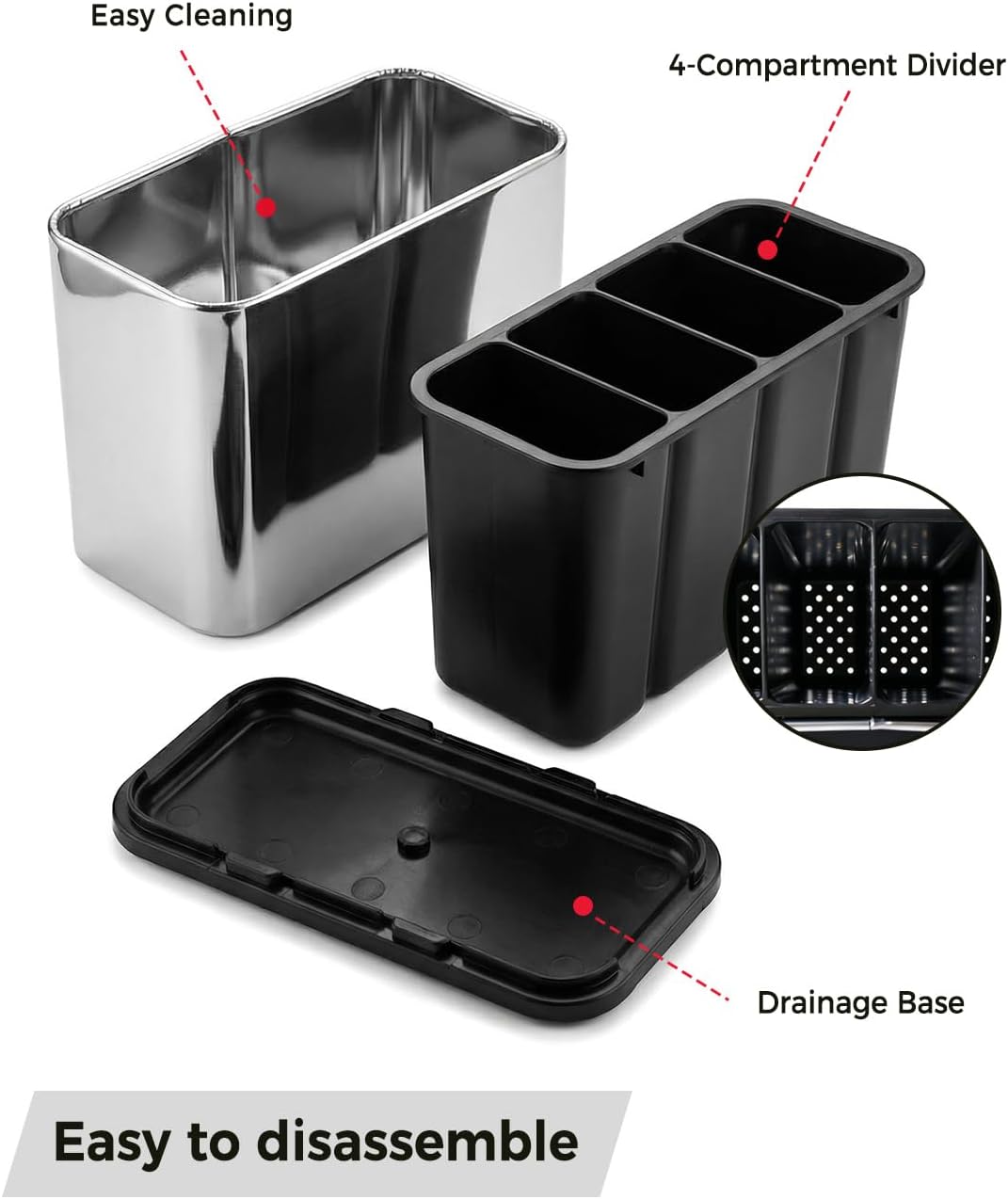 Stainless Steel Utensil Holder, 4 Compartment Kitchen Caddy with Drainage Holes and Non-Slip Base, Countertop Silverware Organizer for Spoons, Forks and Knives, Dishwasher Safe