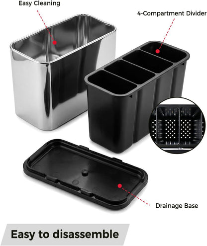 Stainless Steel Utensil Holder, 4 Compartment Kitchen Caddy with Drainage Holes and Non-Slip Base, Countertop Silverware Organizer for Spoons, Forks and Knives, Dishwasher Safe