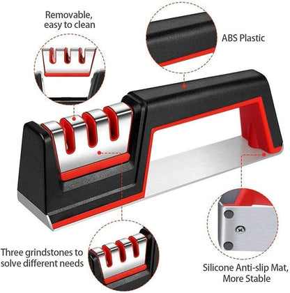 3-Stage Knife Sharpener - Pull-Through Manual Sharpening System with Ergonomic Handle Grip to Restore and Sharpen Straight Kitchen Knives