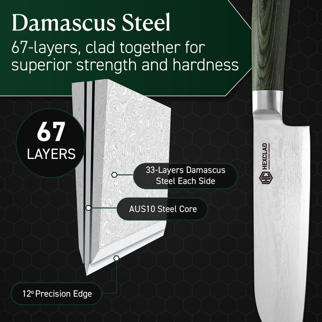 HexClad Honing Rod, 9 -Inch Japanese Damascus Stainless Steel Rod, Pakkawood Handle
