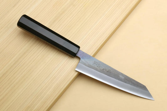Yoshihiro Kurouchi Black-Forged High Carbon Blue Steel Stainless Clad Petty-Kiritsuke Utility Knife Ebony Handle (6" (150mm) & No Saya)