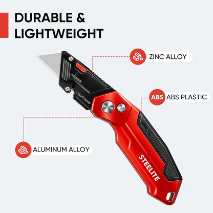 STEELITE Utility Knife Foldable, Box Cutter Heavy Duty Metal, Quick Open Botton Lock Razor Knife for Cartons, Rapes, Leather and Cardboard, Blades Storage Design with 13 Extra Blade, Red