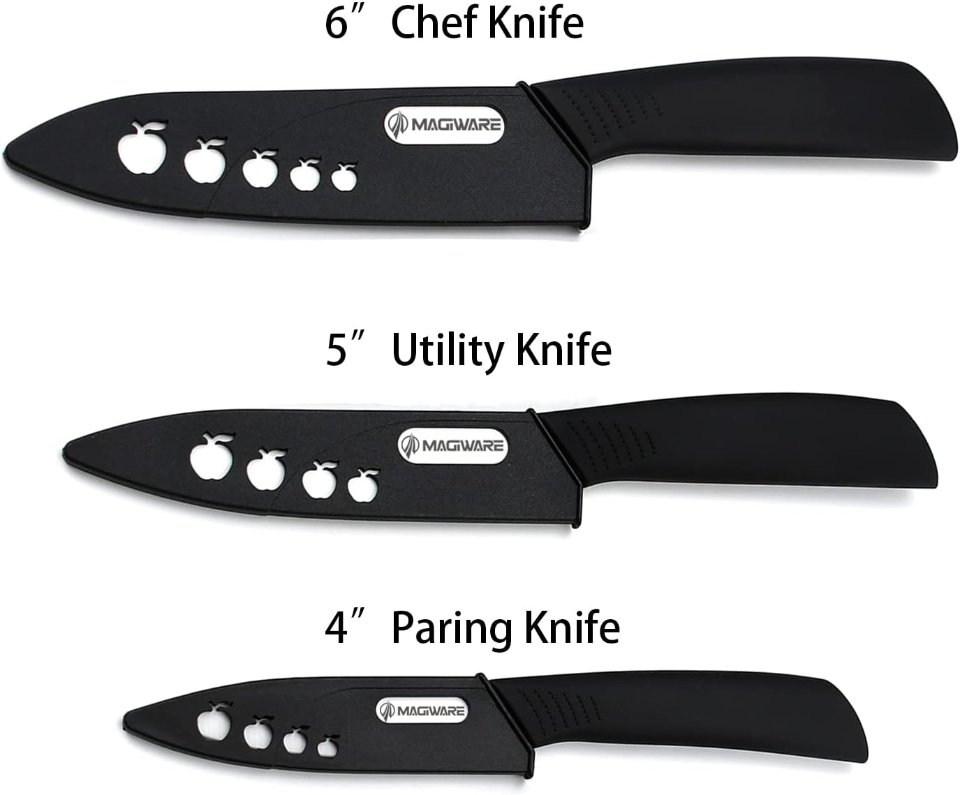 Magiware Ceramic Knives, Ceramic Knife Set with Sheaths Cover -Sharp Longer Never Rust (include 6 Inch Chef Knife, 5inch Utility Knife, and 4 Inch Paring Knife