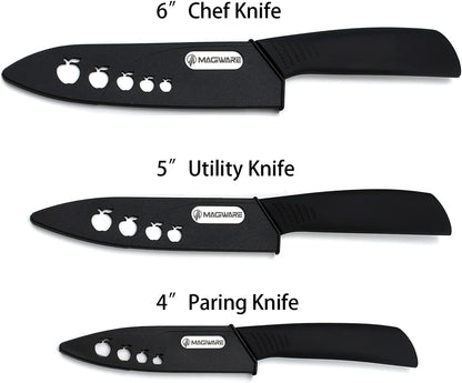 Magiware Ceramic Knives, Ceramic Knife Set with Sheaths Cover -Sharp Longer Never Rust (include 6 Inch Chef Knife, 5inch Utility Knife, and 4 Inch Paring Knife