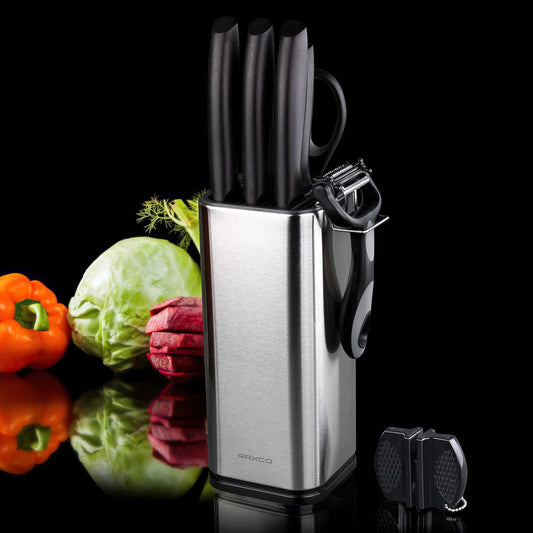 RAXCO 10-Piece Kitchen Knife Set | Stainless Steel Holder | Compact Design - Gray