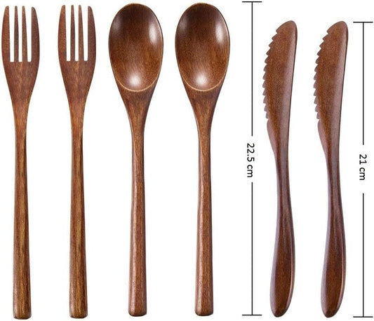 Wooden Spoon Fork Knife Eating Flatware Set Portable Utensil Set with Case, Reusable Wooden Cutlery Travel Utensils Set, 2 Spoons and 2 Forks and 2 Knives (Color 2)