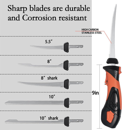 Cordless Electric Fillet Knife - 5 Ti-Nitride Coated Non-Stick Blades, Ergonomic Non-Slip Grip Handle & Cooling Vent Stylish with Carry Bag,Perfect Electric Knife for Effortless Fishing (Red)