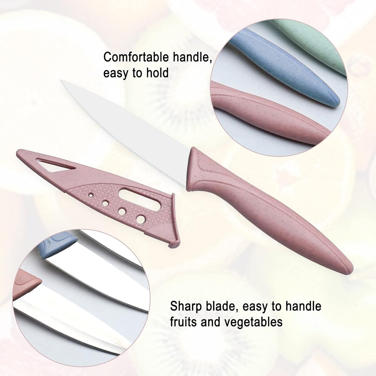 Kocpudu 3Pcs Sharp and Durable Fruit Knife, Exquisite and Beautiful, with Scabbard, Paring Knife is Suitable for Most Vegetables, Fruits and Meat (pink, Blue, Green)