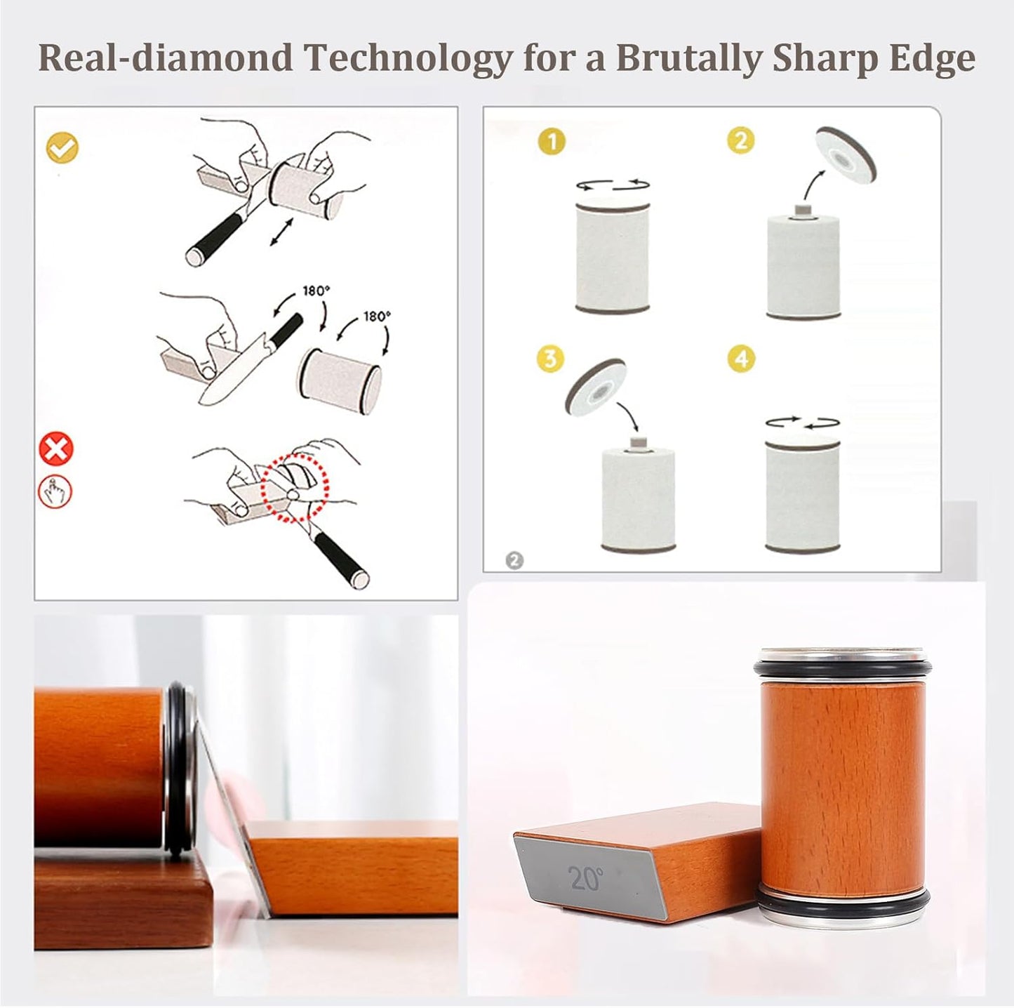 Bladeon Knife Sharpener, Rolling Knife Sharpener with Diamond & Ceramic Abrasives and 15/20° Magnetic Angle Guide for Kitchen, Chef & Outdoor Knives
