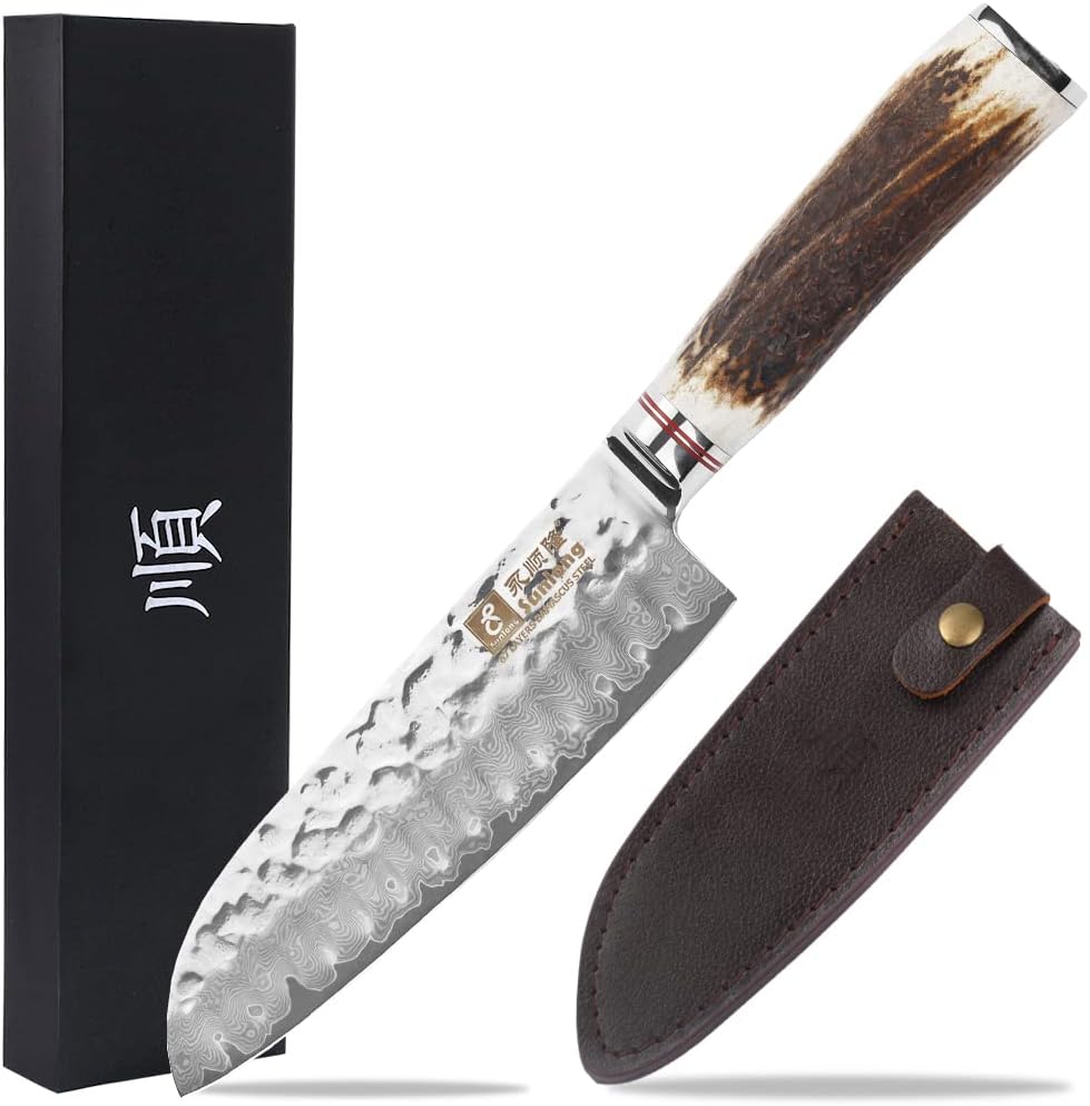 SUNLONG Usuba & Nakiri Knife 6.5 inch Fruit and Vegetable Knife Japanese Hammered Damascus Steel Super sharp - Natural Deer Horn Handle
