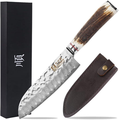SUNLONG Usuba & Nakiri Knife 6.5 inch Fruit and Vegetable Knife Japanese Hammered Damascus Steel Super sharp - Natural Deer Horn Handle