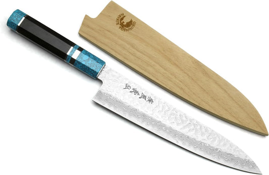 Yoshihiro VG-10 46 Layers Hammered Damascus Petty Utility Japanese Chef Knife Octagonal Turquoise Blue Handle (6'' (150mm))