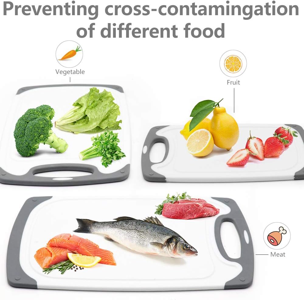 Cutting Boards for Kitchen, Plastic Chopping Board Set of 4 with Non-Slip Feet and Deep Drip Juice Groove, Easy Grip Handle, Dishwasher Safe, gray