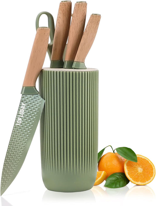 Kitchen Knife Set, Retrosohoo 6 Pieces Green Professional Knife Set with Universal Knife Block, Super Sharp Knife Set with Ergonomic Handle, Non-stick Stainless Steel Knife Block Set(Green)