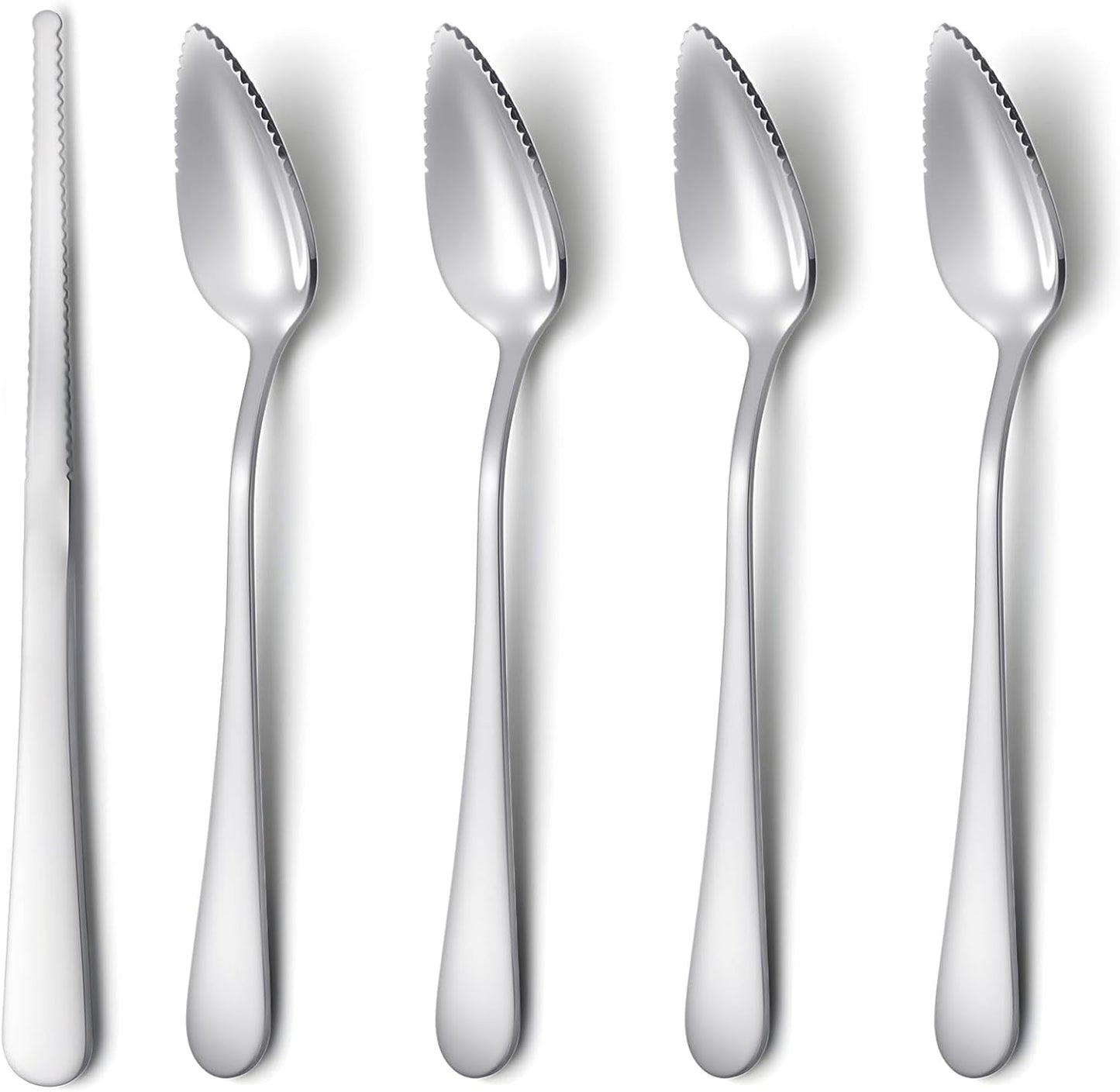 5Pcs Grapefruit Spoons & Knife Set, 4 Stainless Steel Grapefruit Spoon and 1 Grapefruit knife, Utensils With Serrated Edge & Thick Gauge Handle for Kiwi, Dessert, Apple, Citrus Fruit, Non-Stick