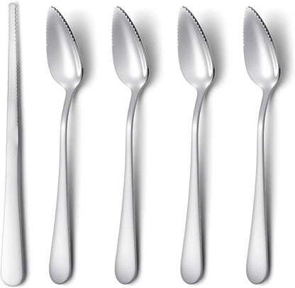 5Pcs Grapefruit Spoons & Knife Set, 4 Stainless Steel Grapefruit Spoon and 1 Grapefruit knife, Utensils With Serrated Edge & Thick Gauge Handle for Kiwi, Dessert, Apple, Citrus Fruit, Non-Stick
