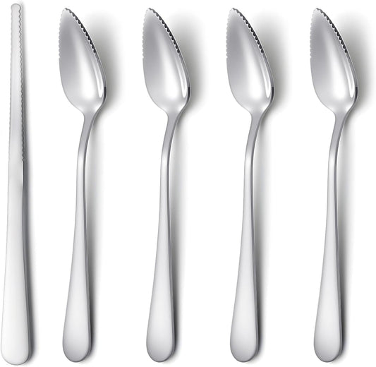 5Pcs Grapefruit Spoons & Knife Set, 4 Stainless Steel Grapefruit Spoon and 1 Grapefruit knife, Utensils With Serrated Edge & Thick Gauge Handle for Kiwi, Dessert, Apple, Citrus Fruit, Non-Stick