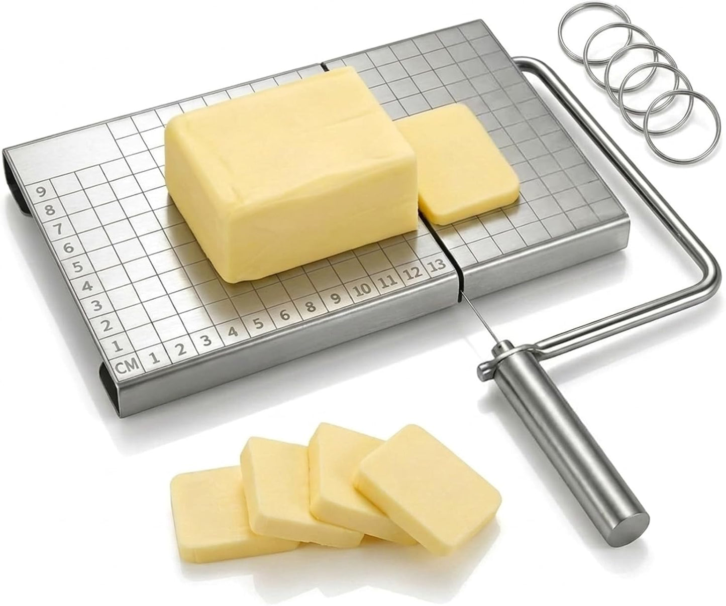 Wire Cheese Slicer with Measuring Board, Adjustable Tension Control, Stainless Steel Wire Cutter for Butter and Cheese, Heavy-Duty Design