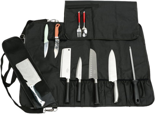 HERSENT Knife Roll,Chef Knife Roll Bag With 17 Slots Can Holds13 Knives,1 Meat Cleaver, And 3 Utensil Pockets,Durable Knife Bag With Handle,Shoulder Strap & Zippered Mesh Pocket Holder