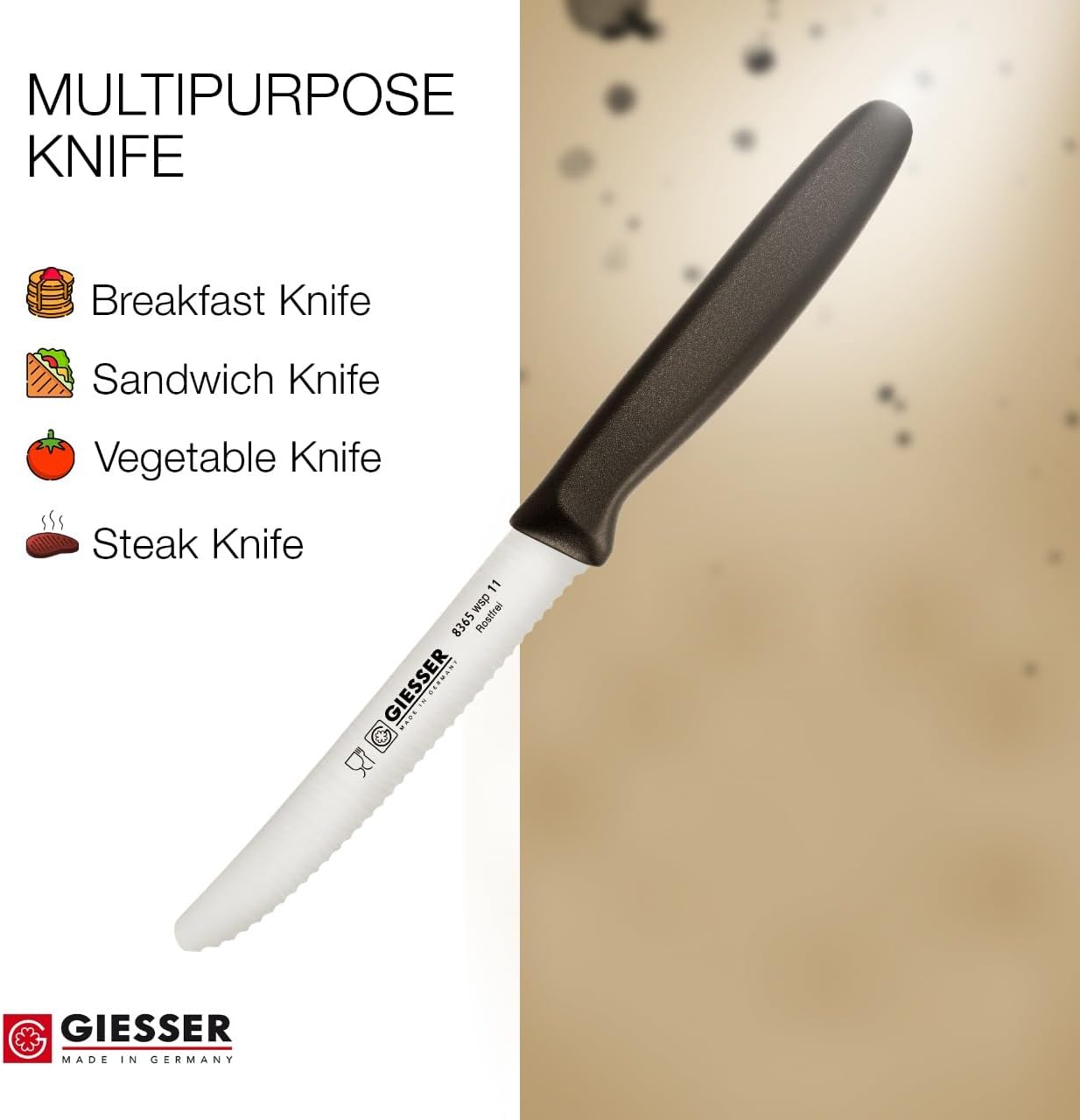 Giesser since 1776, Made in Germany, Serrated kitchen knives round tip dishwasher safe 4.5 inch - Tomato knife, Steak knive set of 6 (MIX Color)