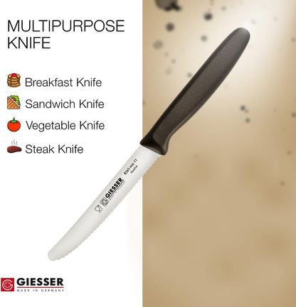 Giesser since 1776, Made in Germany, Serrated kitchen knives round tip dishwasher safe 4.5 inch - Tomato knife, Steak knive set of 6 (MIX Color)