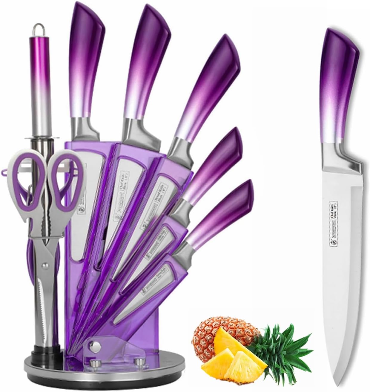 Kitchen Knife Set, 9Pcs Purple Knife Set with Acrylic Block, Ergonomical Handle,Non Stick Sharp Stainless Steel Chef Knife Block Set for Home Cooking Gift