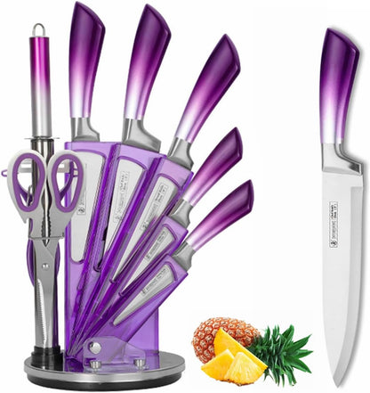 Kitchen Knife Set, 9Pcs Purple Knife Set with Acrylic Block, Ergonomical Handle,Non Stick Sharp Stainless Steel Chef Knife Block Set for Home Cooking Gift