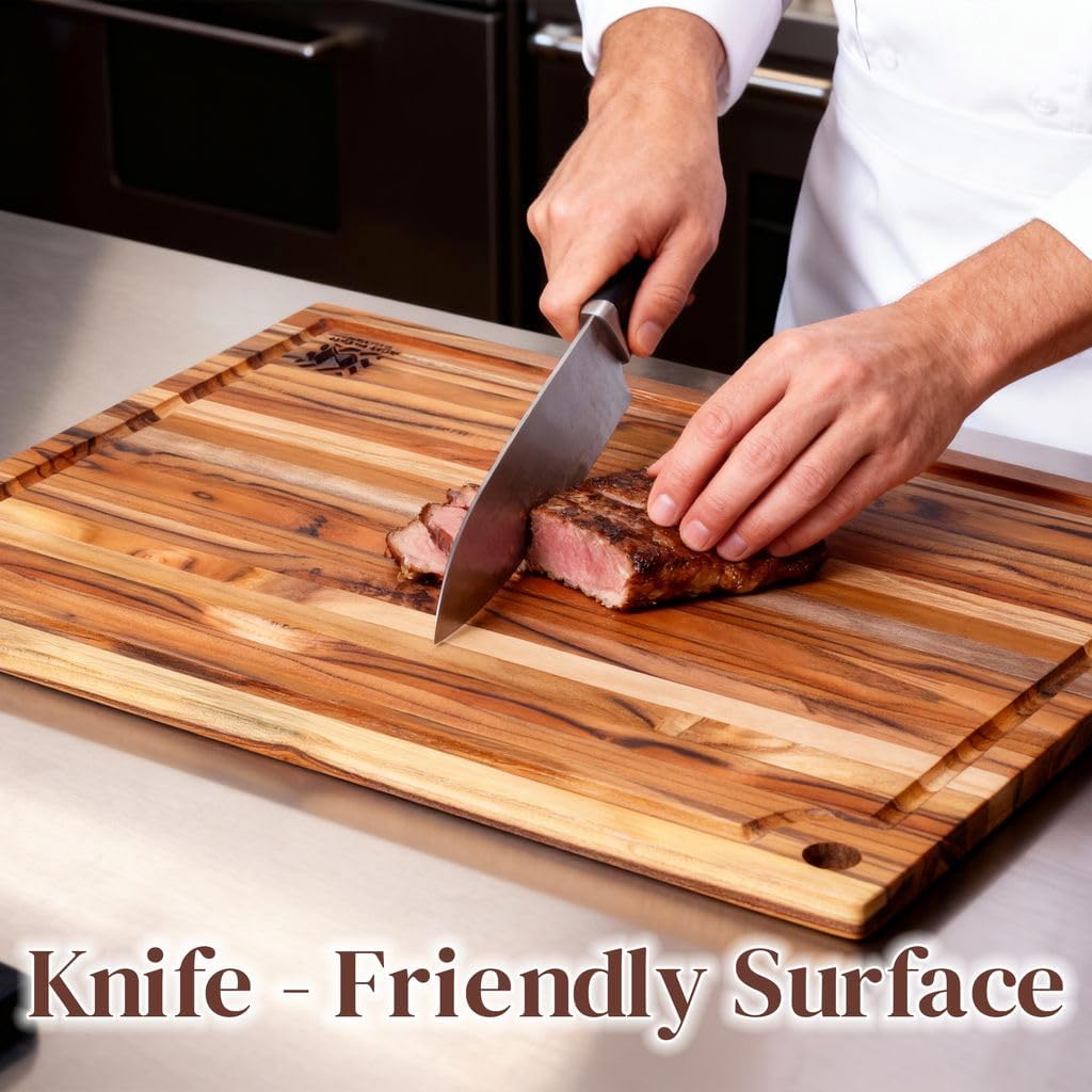 Teak Wood Cutting Board 18" x 14" x 0.6", 2-Piece Set for Kitchen Meat & Food Prep - Large Thin Edge Grain, Deep Juice Groove, Lightweight Solid Hardwood, Non-Toxic, BPA Free by New M Way