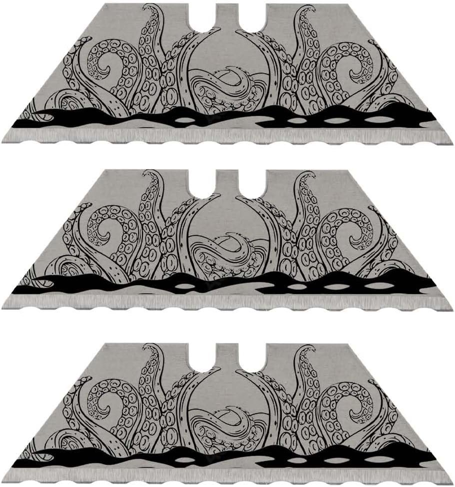 NDZ Performance Serrated Steel Blade Replacement for Utility Knife & Box Cutters, Custom Double Sided Laser Engraved Designs, Silver - Skull - 3 Pack