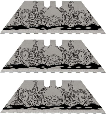 NDZ Performance Serrated Steel Blade Replacement for Utility Knife & Box Cutters, Custom Double Sided Laser Engraved Designs, Silver - Skull - 3 Pack