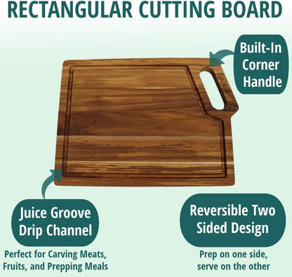 EcoDecors 18"x14" Extra Large Teak Cutting Board, Edge Grain Wood with Juice Groove & Handle, FSC Certified for Kitchen, Carving & Butcher Block Prep