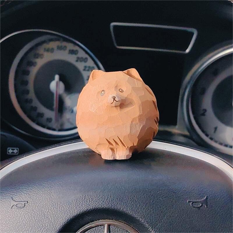 Hand-Carved Wooden Teddy Dog Figurine, 2.7" Brown Puppy Statue with Base for Car Dashboard, Desk & Home Decor, Gift for Dog Lovers