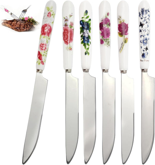 JEPELUS 6 Pcs Floral Butter Knife Set, Kitchen Butter Knives with Ceramic Handle, Fancy Cheese Spreader Knives for Spreading Jam Cream Peanut Sandwich, Dinner Knife for Daily Use, Dishwasher Safe