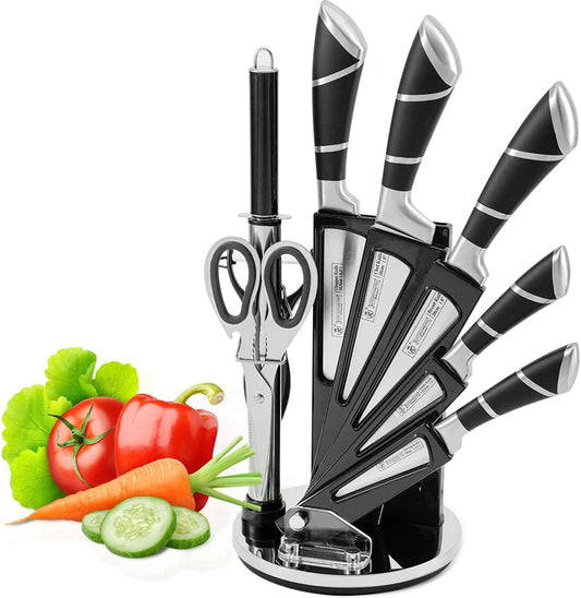Purple Professional 9-Piece Kitchen Knife Set with Acrylic Block - Non Stick Sharp Stainless Steel Chef Knives with Sharpener,Gift for Home Kitchen Women