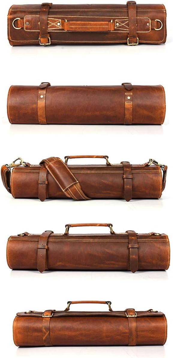 Tolredo Top Grain Buffalo Leather Chef Knife Roll Case 10 Slot and 1 Zipper Pocket for Culinary Storage Portable Bag with Detachable Shoulder Strap (Walnut, 29.5" X 20")