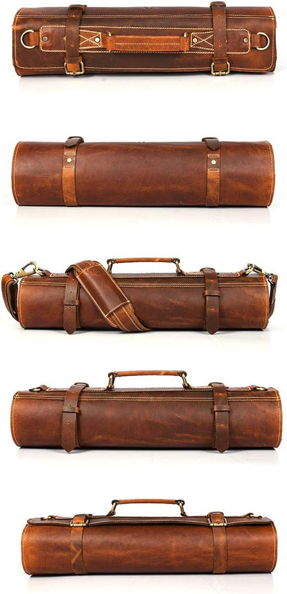 Tolredo Top Grain Buffalo Leather Chef Knife Roll Case 10 Slot and 1 Zipper Pocket for Culinary Storage Portable Bag with Detachable Shoulder Strap (Walnut, 29.5" X 20")