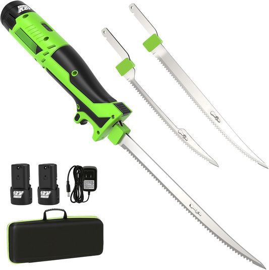 Cordless Electric Fillet Knife with 8''and 10''Razor-Sharp Blades, Pro Lithium-Ion Fish Fillet Knife, 2 Rechargeable Battery Packs, 1 Quick Battery Charger, 1 Storage bag, for Fishing, Outdoors