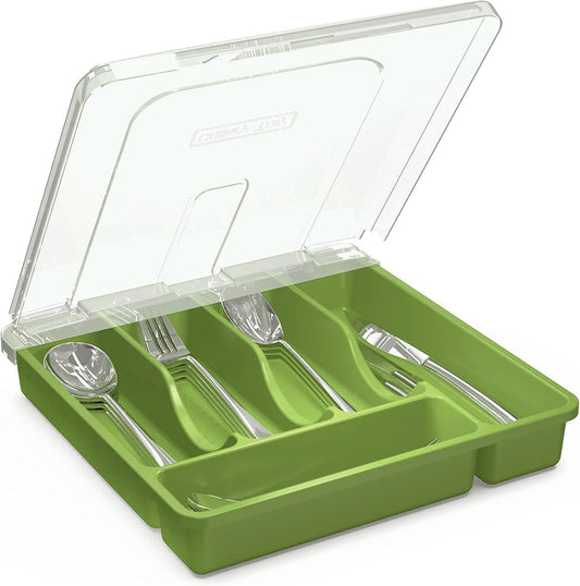 Silverware Organizer with Lid, Covered Utensil Tray for Kitchen Drawer and Countertop, Plastic Cutlery and Flatware Storage Box for Spoons Forks Knives Holder Case, BPA Free Flatware (Green)